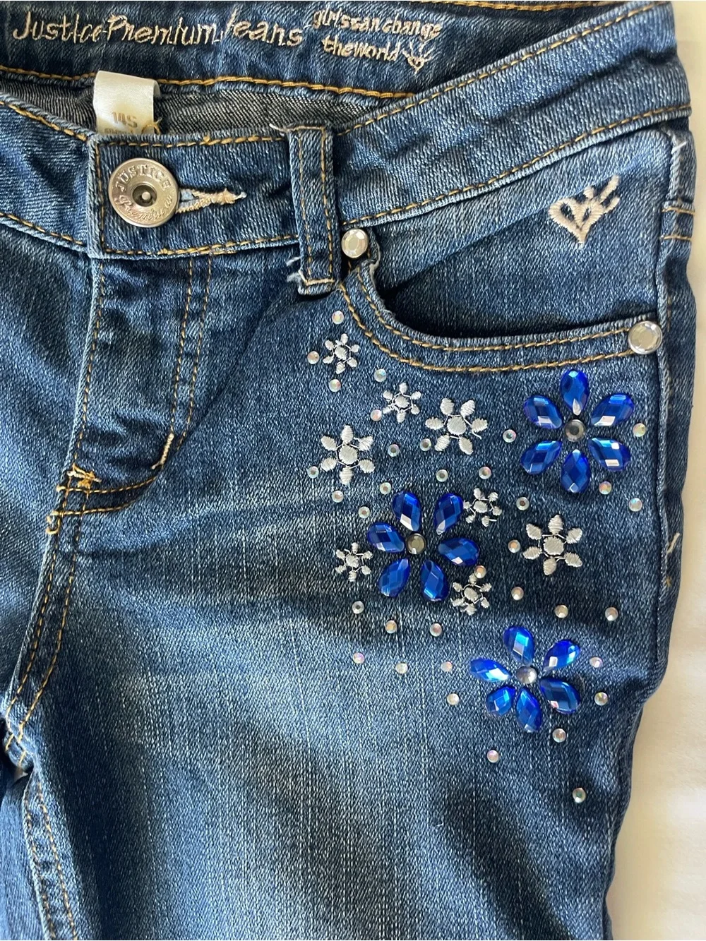 Justice Dark Blue‎ Skinny Jeans with Blue Floral Embellishments